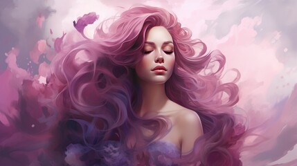 Fototapeta premium Beautiful young woman with pink hair and flowers. Portrait of a girl with curly hair.