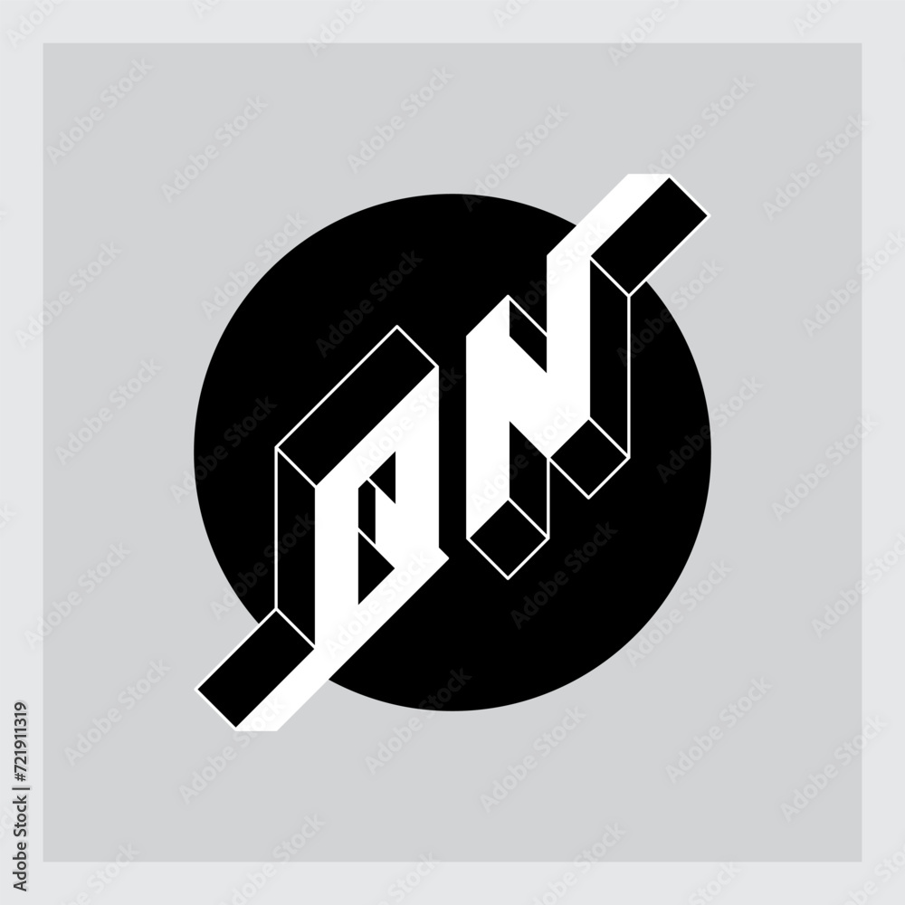 Poster Three-dimension letters on a round substrate. Isometric font for design. QN - 2-letter code. Q and N - Monogram or logotype on a round substrate.