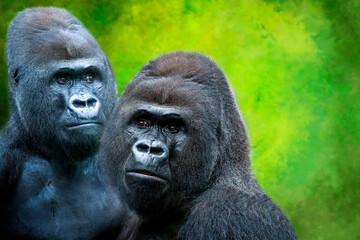 close-up of to gorillas in front of a green background