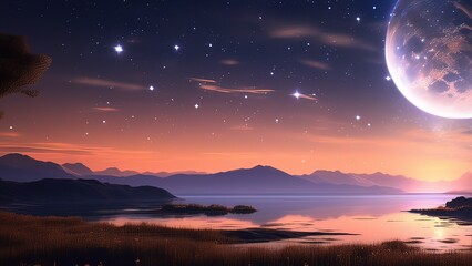 Naklejka na ściany i meble A Serene Night Landscape with a Majestic Celestial Body