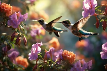 Hummingbirds buzzing around a garden of nectar-filled flowers.