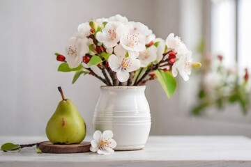 Fototapeta na wymiar fruit tree pear flowers in a white jar on white table