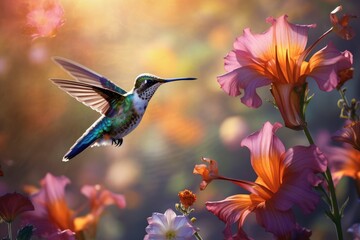Naklejka premium Hummingbirds buzzing around a garden of nectar-filled flowers.