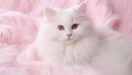 A white and orange cat lays on a little girl's bed facing camera