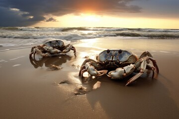 Crabs scuttling along the sandy shore. - obrazy, fototapety, plakaty