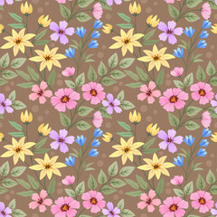 Cute colorful flowers and leaf on brown color background seamless pattern. Can be used for fabric textile wallpaper.