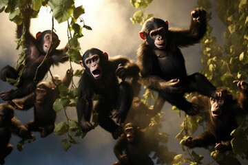 A group of chimpanzees swinging from vines.