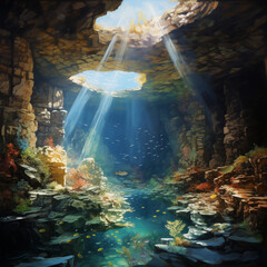 Mystery cave under the sea, painting