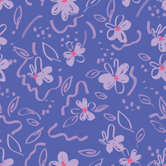 Fototapeta na wymiar Abstract floral seamless pattern. Bright, pastel colors, gouache painting. Outline contour lines flowers. Scribble patterns Curved lines and brush strokes.