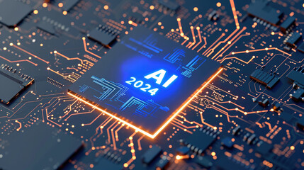 AI flag print screen on Microchip processor on electronic board for important component in computer smartphone, AI is the largest main manufacturing in the world of global supply chain concept. - obrazy, fototapety, plakaty