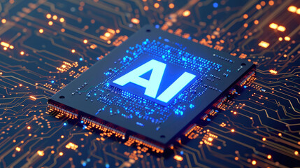 AI flag print screen on Microchip processor on electronic board for important component in computer smartphone, AI is the largest main manufacturing in the world of global supply chain concept. - obrazy, fototapety, plakaty