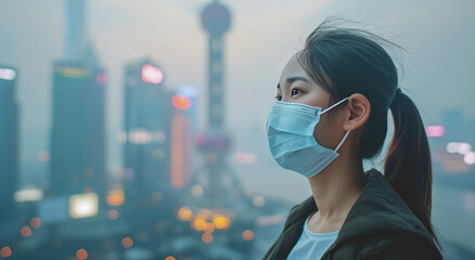 Air pollution pm2.5 concept, Asian woman wear N95 masks to protect against PM 2.5 dust and air pollution .
