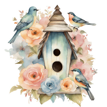 Watercolor vintage bird house with flowers and birds - 1