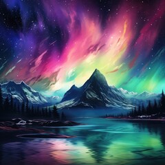 Northern lights. Mountains. Nature.