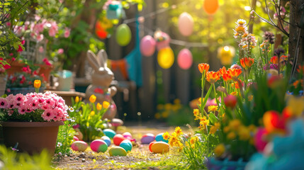 A magical Easter garden scene with a stone bunny statue surrounded by vivid flowers and scattered multicolored Easter eggs in the sunlight.
