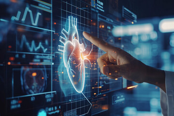 Futuristic Medical Analysis by Doctor Examining Digital Heart Model - obrazy, fototapety, plakaty