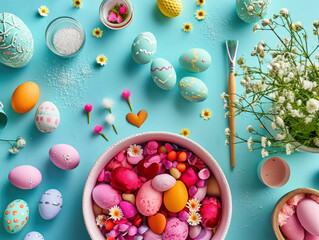 Fototapeta na wymiar A vibrant Easter egg decorating scene with pastel-colored eggs, paintbrush, and flowers on a teal background, showcasing a joyful spring craft. 
