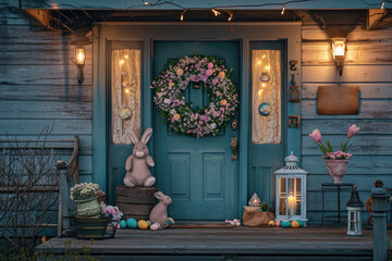 A charming rustic home entrance adorned with Easter decorations, including a floral wreath, plush bunnies, and colorful eggs under soft evening light.
