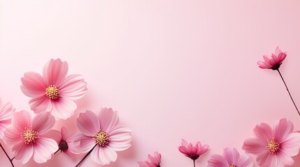 Close up pink cosmos flower in the meadow isolated on pink background with copy space. Floral border and frame for springtime or summer season. Banner style.