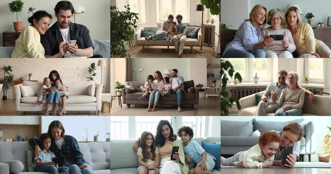 Multiple collage footages view, loving multigenerational families spend time together at home using modern gadgets, little kids and parents enjoy leisure on internet, play online games, do e-shopping