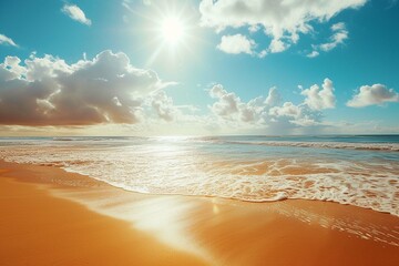 A beautiful beach with the sun shining on the golden sand, time synthesis, Floral, 4K, hyper quality