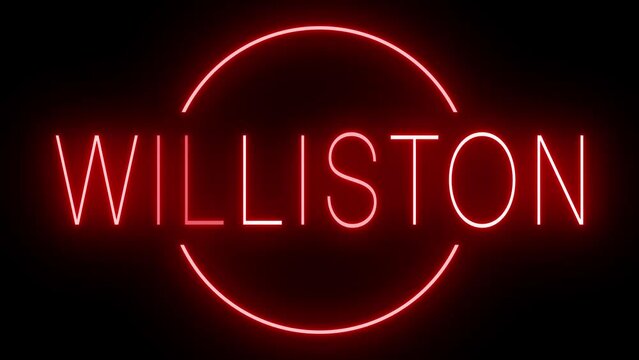 Flickering red retro style neon sign glowing against a black background for WILLISTON