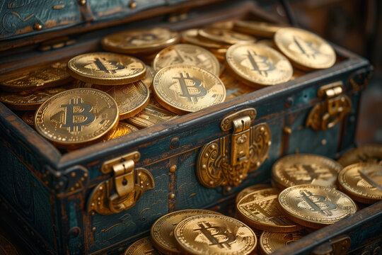 Close up of trasure chest full of golden bitcoin coins. Accumulation of wealth. Crypto currentcy concept