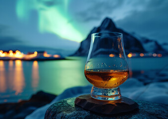 Whisky on the rocks in a glass against a backdrop of the Northern Lights and snow-covered mountains. Arctic exploration and winter travel concept. Design for beverage branding and travel adventure pro