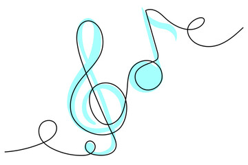 Continuous one line drawing music notes. Musical symbols in one linear minimalist style. Vector outline sketch sound. Single line draw design graphic illustration.