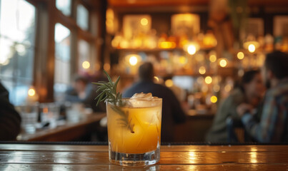 Cocktail with whiskey on the bar in a traditional English pub, 2024. Warm atmosphere, visitors in the background. Design of the drinks menu and promotions for social events