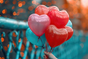 Close-up of hands tying heart-shaped balloons to a fence with a blank space for text - obrazy, fototapety, plakaty