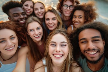 Obraz premium Multi Ethnic men and women students having fun together taking selfie outdoors