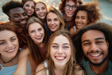 Multi Ethnic men and women students having fun together taking selfie outdoors