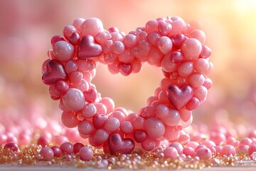 Close-up of heart balloons forming a heart shape on a pink and gold background