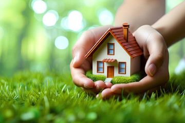 Two hands holding an house on a grass field