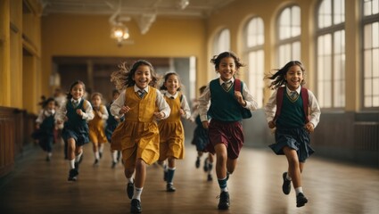 Group of happy elementary school students running and jumping together in classroom at school