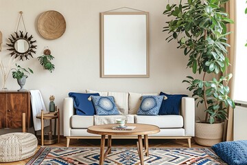 Cozy living room interior with mock-up poster frame, modular sofa, blue pillows, wooden coffee table, patterned rug, beige wall, and personal accessories, creatively composed. Home décor template