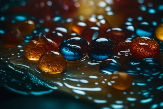 Macro photography capturing the intricate details of color gels submerged in clear liquid, emphasizing the delicate and captivating nature of their textures.