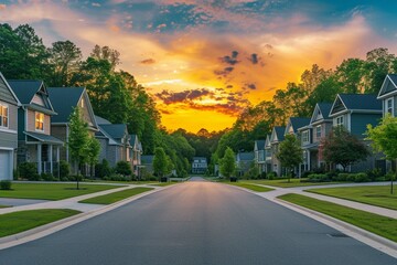 Cull de sac classic dead end street surrounded by luxury two story single family homes in new residential East Coast USA real estate suburban neighborhood dramatic colorful yellow orange sunset sky