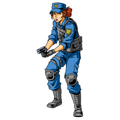 Police officer girl in cap with handgun, vector, logo, cartoon, mascot, character, illustration