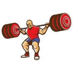 strong athlete bodybuilder lifts heavy barbell, vector, logo, cartoon, mascot, character, illustration