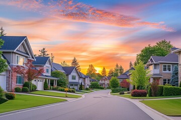 Cull de sac classic dead end street surrounded by luxury two story single family homes in new residential East Coast USA real estate suburban neighborhood dramatic colorful yellow orange sunset sky - obrazy, fototapety, plakaty