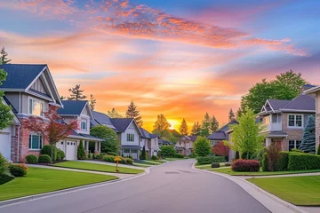 Papier Peint photo Etats Unis Cull de sac classic dead end street surrounded by luxury two story single family homes in new residential East Coast USA real estate suburban neighborhood dramatic colorful yellow orange sunset sky