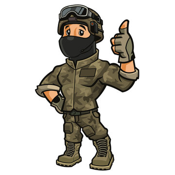 army soldier in camouflage and helmet with put his finger up, vector, logo, cartoon, mascot, character, illustration
