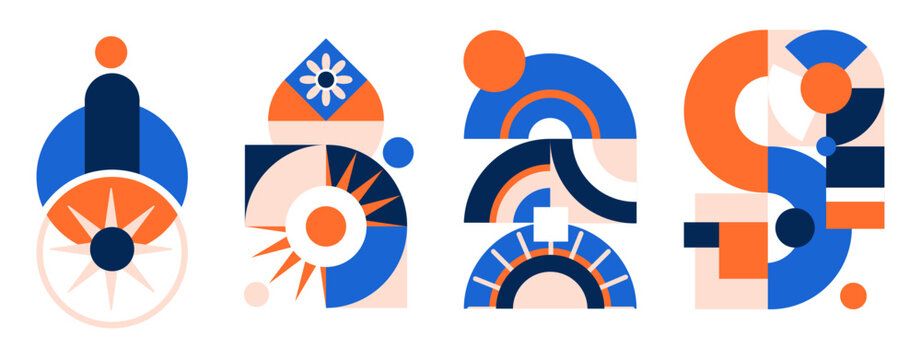 Geometric pattern set element in mid-century minimal simple style. abstract circle, line, square shape with orange and blue color cover and print. Vector illustration modern design on white background