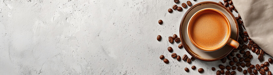 A cup of espresso coffee on a saucer, surrounded by scattered coffee beans on a concrete surface, creating a minimalist and aromatic composition.