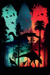 Vector Collection of Colorful Dinosaur Silhouettes: Diplodocus, Tyrannosaurus, Velociraptor, Stegosaurus, Triceratops, Pterodactyl, Brachiosaurus, Allosaurus, and More