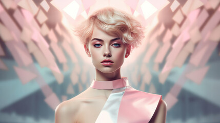 Fashion model with blond hair and abstract pink colored background.