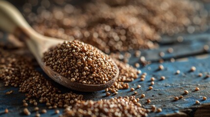 scattered finger millet on a wooden spoon