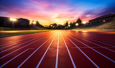 Empty Running Track in Stadium with Vibrant Sunset Sky, Inviting Atmosphere for Sports and Athletics